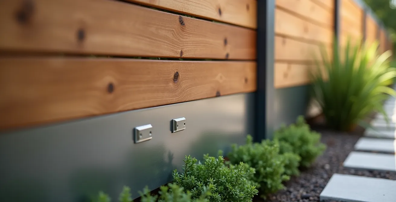 Détail d'une platine discrète en acier inoxydable fixée sous une clôture occultante en bois composite dans un jardin moderne