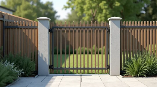 Photographie réaliste d'une clôture de jardin installée à moitié avec scellement béton et moitié avec platines, éclairage naturel et composition équilibrée avec espace négatif