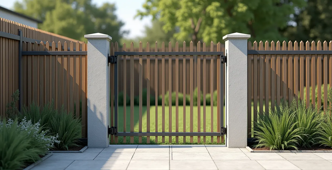 Photographie réaliste d'une clôture de jardin installée à moitié avec scellement béton et moitié avec platines, éclairage naturel et composition équilibrée avec espace négatif