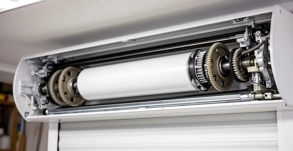 Moteur tubulaire blanc installé dans l'axe d'un volet roulant avec coffre ouvert