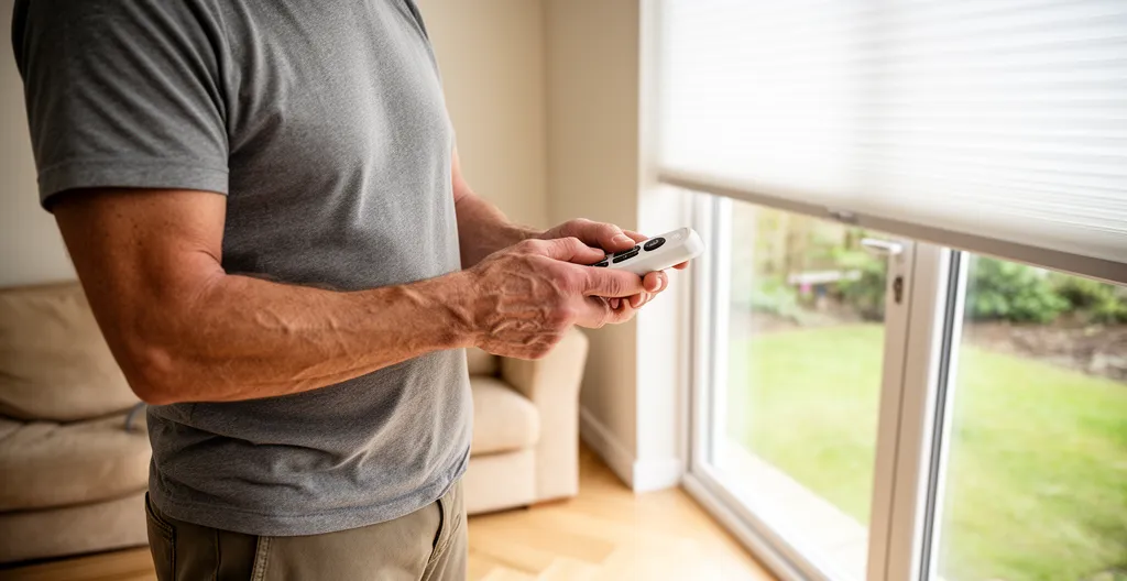 Propriétaire utilisant une télécommande pour actionner un volet roulant motorisé