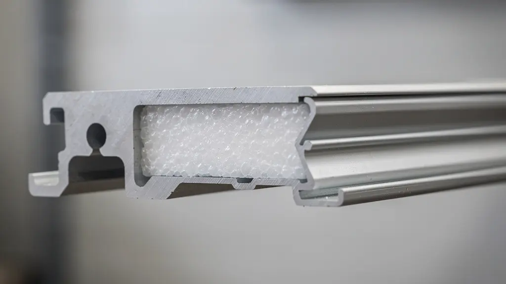 Coupe d'une lame de volet aluminium montrant la mousse polyuréthane isolante