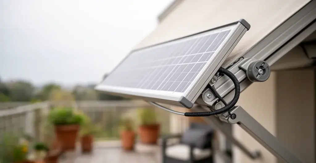 Détail panneau solaire fixé sur motorisation store banne extérieur