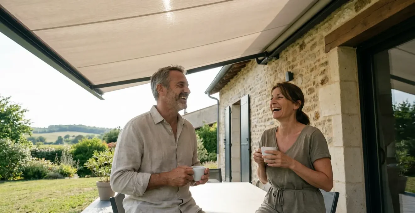 Couple sur terrasse avec store banne motorisé solaire déployé automatiquement
