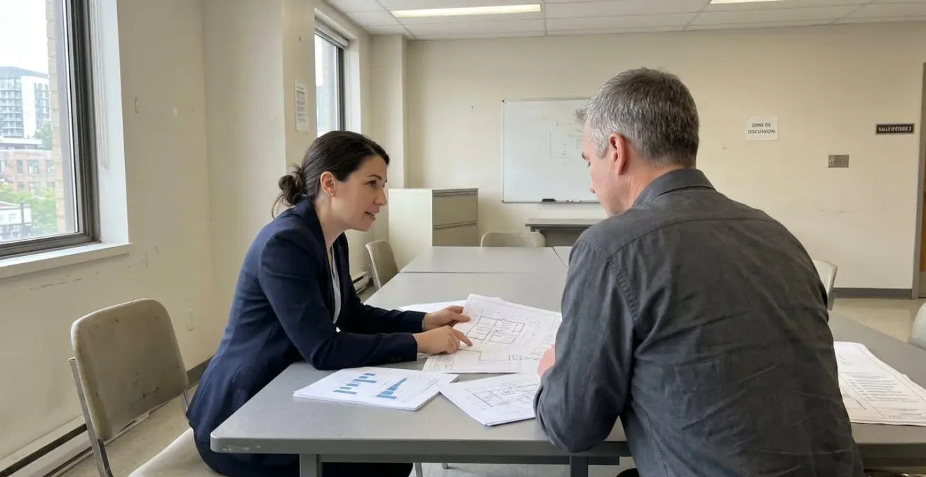 Deux professionnels en discussion commerciale dans un showroom d'aménagement extérieur, l'un de dos et l'autre de profil consultant un document