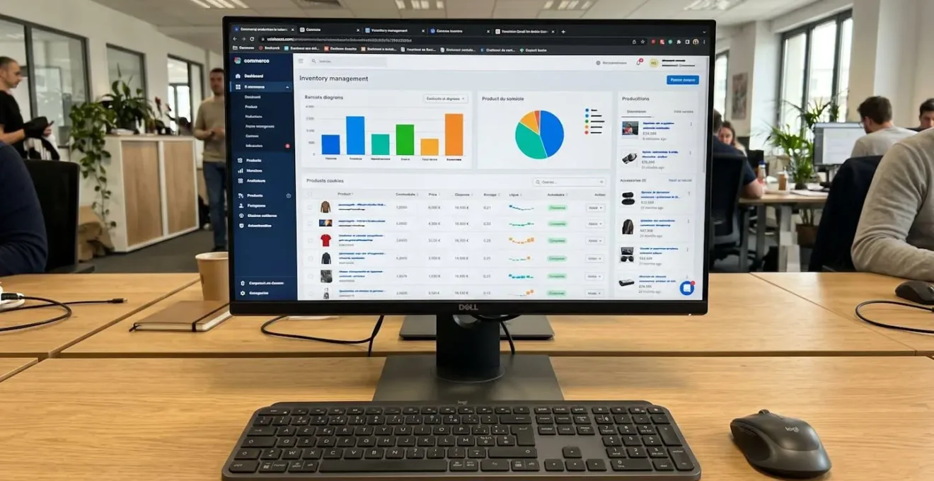 Écran d'ordinateur affichant une interface de vente en ligne épurée avec listes de produits et tarifs, texte flouté, espace de travail contemporain