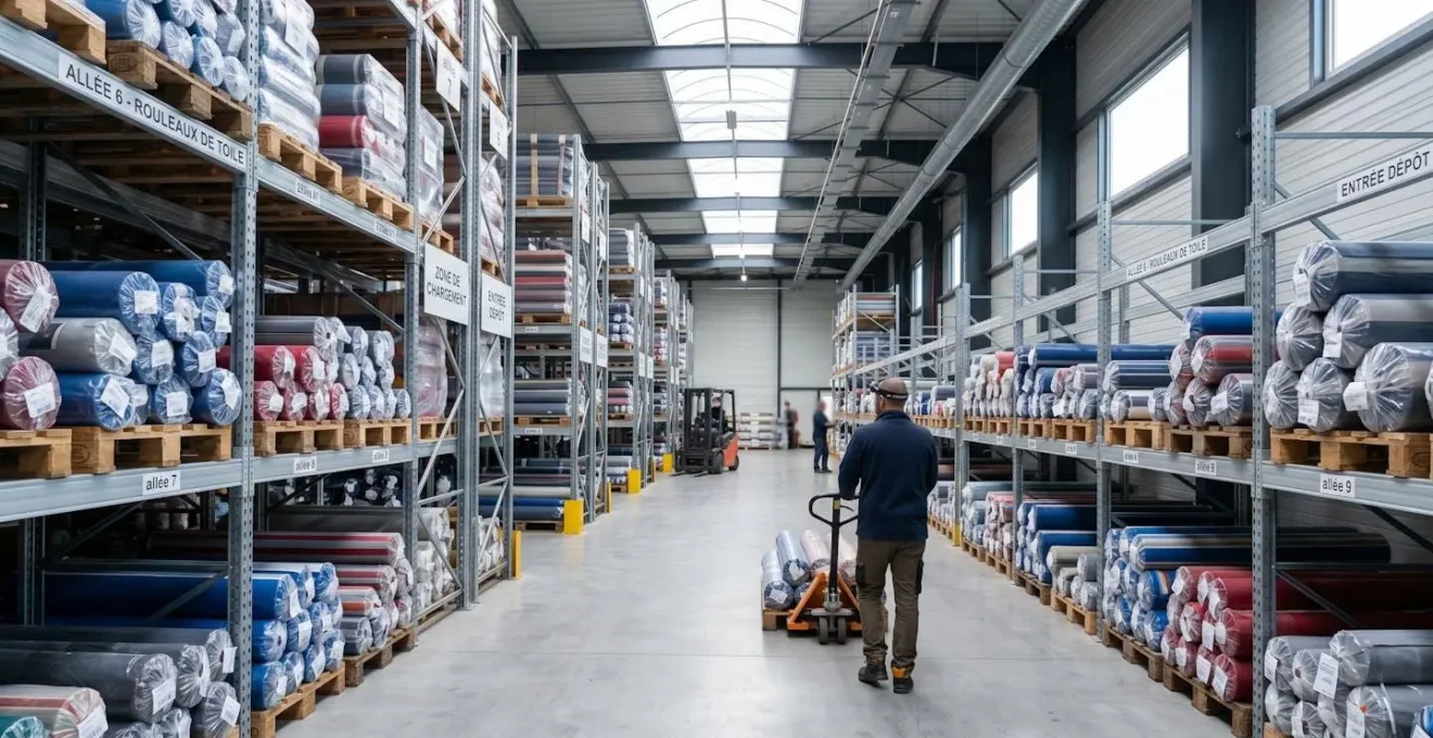 Entrepôt moderne de stockage avec rouleaux de toiles de store organisés sur rayonnages industriels, éclairage naturel zénithal