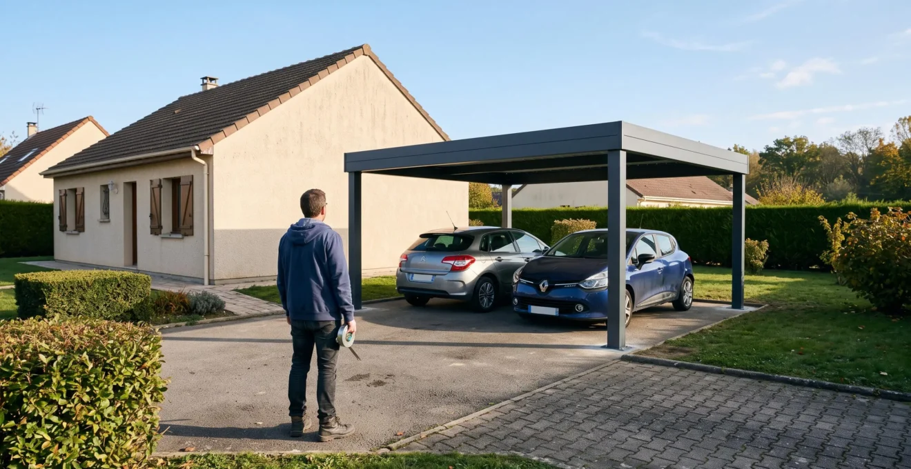 Un carport autoportant implanté au milieu du terrain d'une maison française, avec deux voitures dessous.
