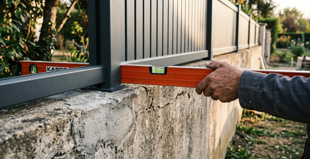 Une main pose un niveau à bulle sur le rail d'une clôture aluminium installée sur un muret en béton pour vérifier l'horizontalité.