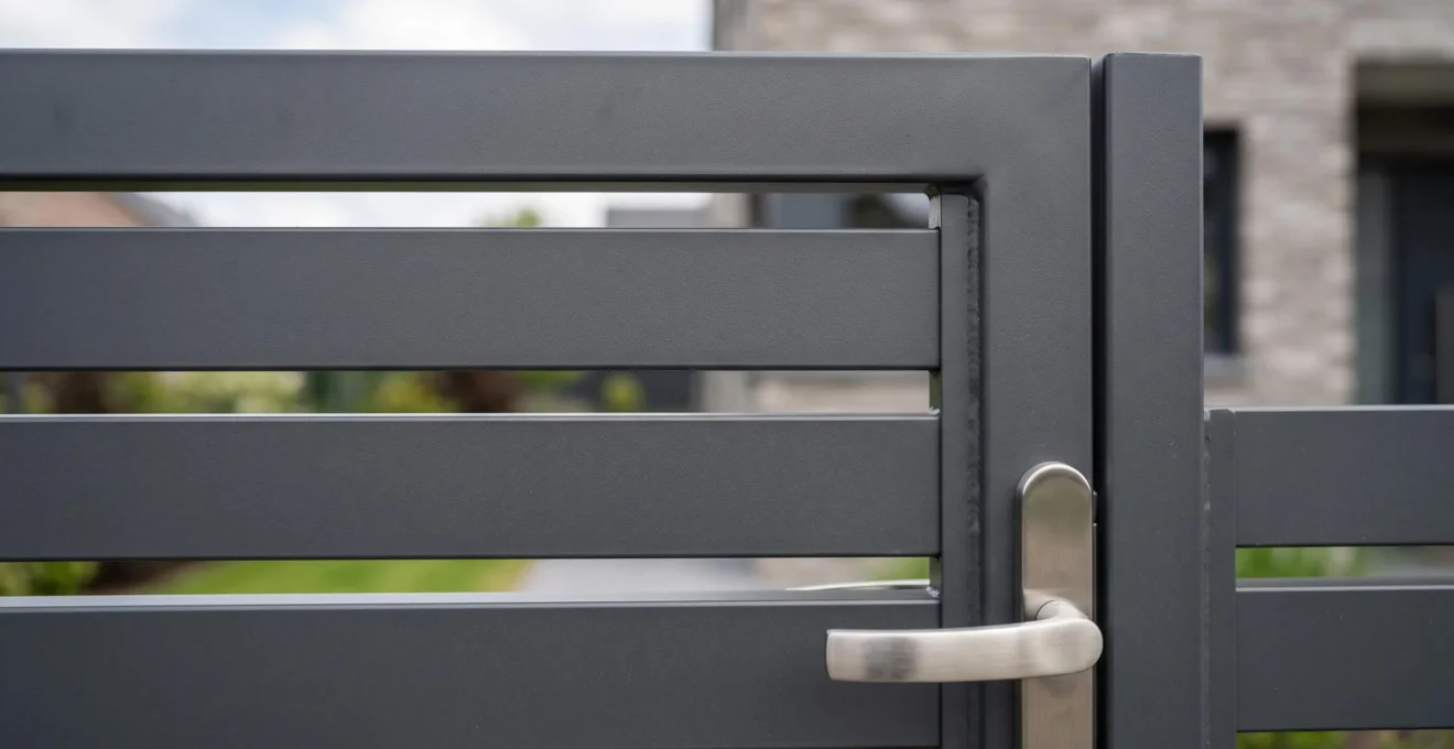 Détail rapproché des lames horizontales et finitions d'un portail battant en aluminium anthracite