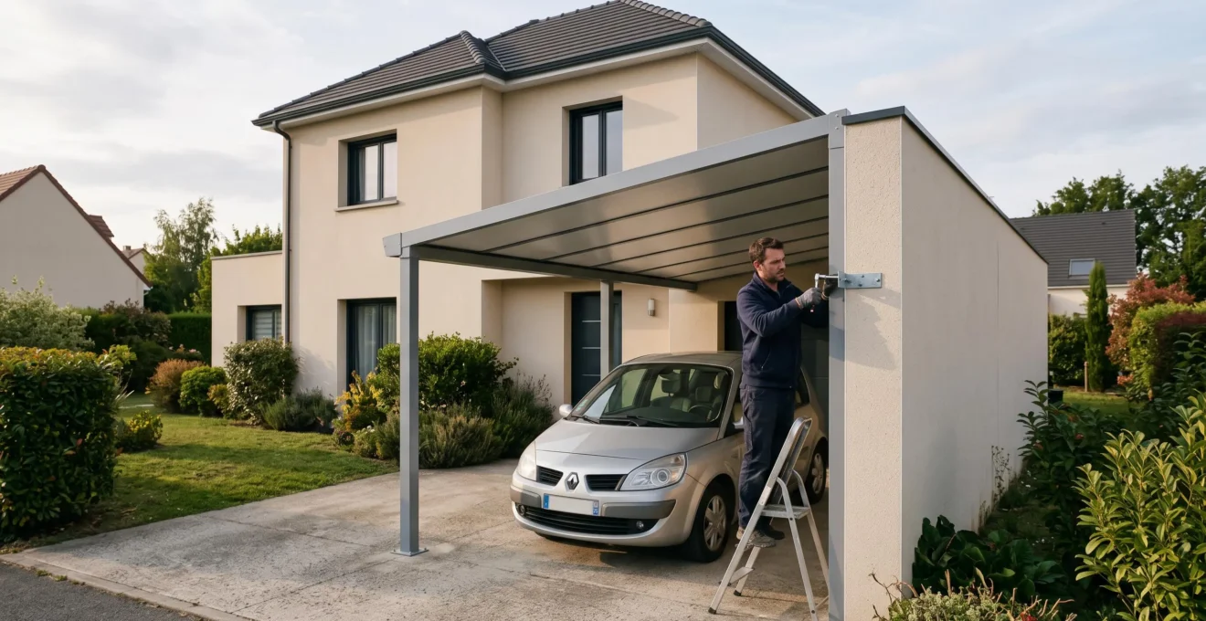 Un homme fixe le châssis d'un carport en aluminium adossé au mur d'une maison, une voiture garée dessous.