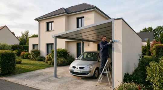 Un homme fixe le châssis d'un carport en aluminium adossé au mur d'une maison, une voiture garée dessous.