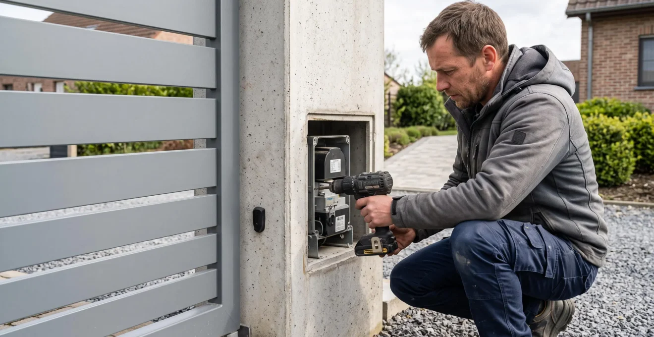 Installateur professionnel travaillant sur le système de motorisation intégré dans le pilier d'un portail battant aluminium