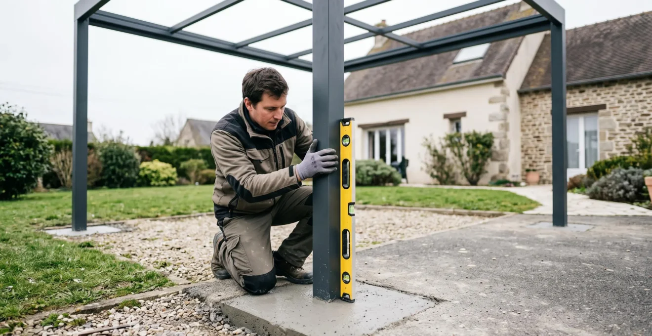 Un installateur vérifie au niveau à bulle la verticalité d'un poteau de carport autoportant sur sa fondation.