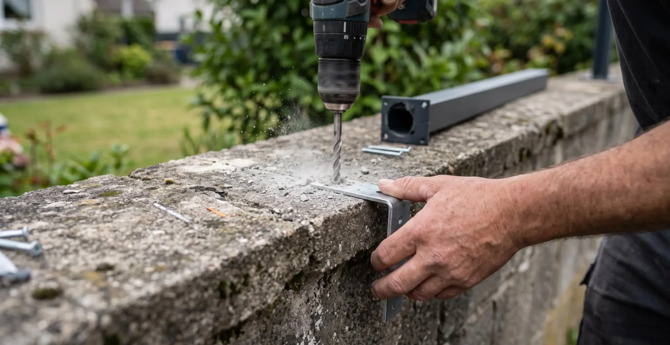 Gros plan sur le perçage d'un muret en béton pour fixer une patte métallique de clôture aluminium, avec de la poussière de béton autour du trou.
