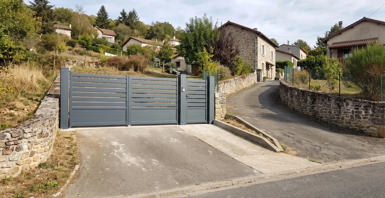 Portail battant aluminium installé sur une entrée de propriété avec terrain en pente visible