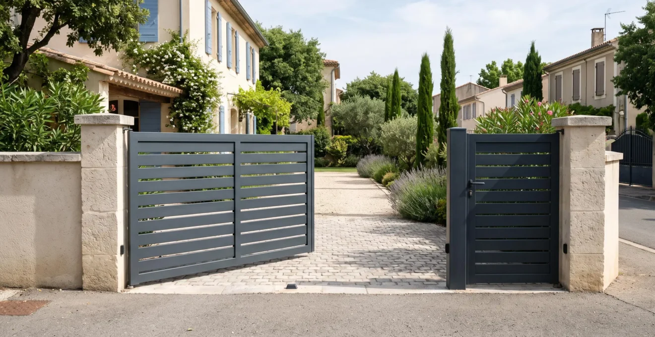 Portail battant en aluminium anthracite partiellement ouvert à l'entrée d'une propriété résidentielle française
