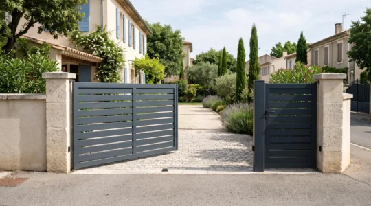 Portail battant en aluminium anthracite partiellement ouvert à l'entrée d'une propriété résidentielle française