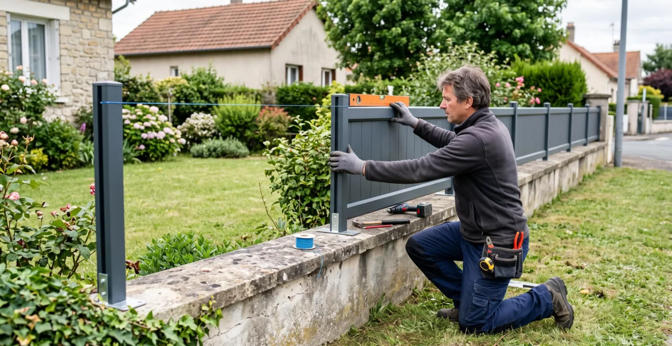 Un particulier positionne un panneau de clôture aluminium sur un muret en béton dans son jardin, en vérifiant l'alignement avec un cordeau et un niveau à bulle.