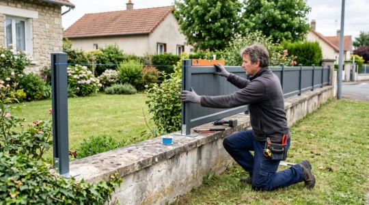 Un particulier positionne un panneau de clôture aluminium sur un muret en béton dans son jardin, en vérifiant l'alignement avec un cordeau et un niveau à bulle.