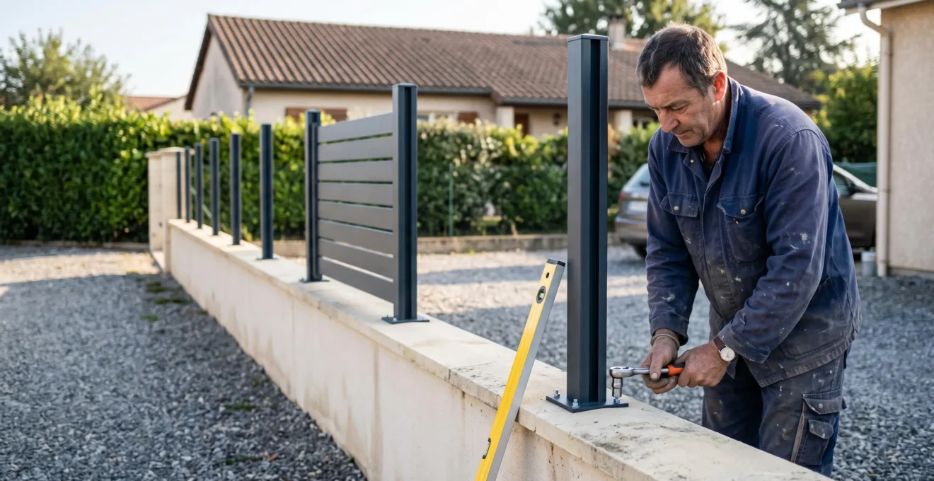 Un particulier serre au cliquet la fixation d'un poteau de clôture aluminium posé sur un muret enduit, devant une maison française.