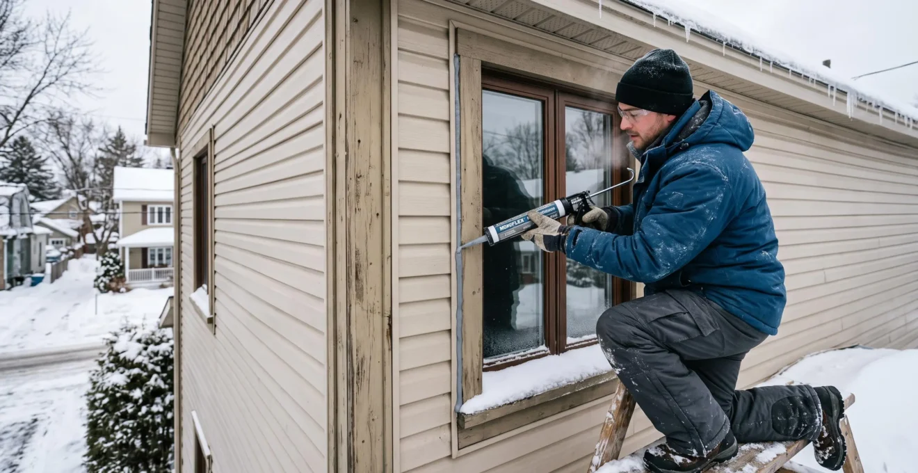 Un calfeutreur applique du scellant autour d'une fenêtre de maison en hiver à Québec.