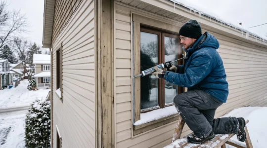 Un calfeutreur applique du scellant autour d'une fenêtre de maison en hiver à Québec.